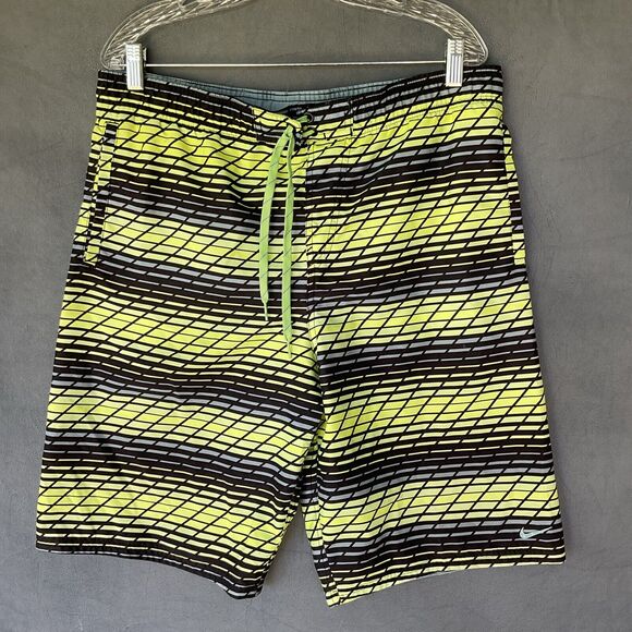 Y2K Nike Board Shorts Trunks Men's Medium Vintage Swoosh Logo Neon Green Black - Picture 1 of 12